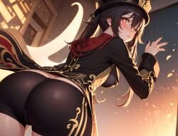 ai_generated ass ass_focus blush breasts brown_hair embarrassed female from_behind genshin_impact hat hat_ornament hu_tao_(genshin_impact) huge_ass jacket leaning leaning_forward long_hair looking_at_viewer looking_back parted_lips red_eyes shiny shiny_clothes shiny_hair shiny_skin short_shorts shorts sideboob solo twintails