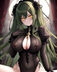 ai_generated big_breasts gold_eyes goth goth_girl gothic gothic_girl green_hair lingerie original_character visible_nipples