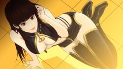 1girls alluring bare_shoulders black_hair breasts crop_top dead_or_alive dead_or_alive_xtreme_beach_volleyball female from_below highres large_breasts lei_fang long_hair microskirt on_floor skirt sleeveless tecmo underboob user_tggn7272