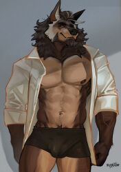 2024 anthro biped brown_body brown_fur brown_hair bulge canid canine canis clothed clothing digital_media_(artwork) fur genital_outline hair hi_res male mammal multicolored_body multicolored_fur muscular muscular_anthro muscular_male navel open_clothing open_shirt open_topwear penis_outline phinnherz portrait shirt solo tan_body tan_fur three-quarter_portrait topwear white_body white_clothing white_fur white_hair white_shirt white_topwear wolf