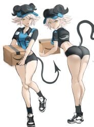 1girls ass box golden_eyes holding_box horns horns_through_headwear looking_at_viewer looking_back oni_horns original pointy_ears rakeemspoon shorts susan_(rakeemspoon) tail uniform