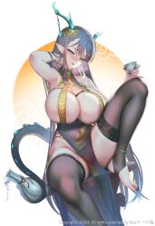 1girls alcohol animal_tail blue_eyes blue_hair blush blushing_at_viewer dragon_girl dragon_horns dragon_tail drunk female female_focus female_only holding holding_object holding_with_tail horns huge_breasts light-skinned_female light_skin long_hair looking_at_viewer original original_character pelvic_curtain pointy_ears posing seductive seductive_look seductive_smile skimpy skimpy_clothes skimpy_dress smile smiling smiling_at_viewer suerte tagme thick_ass thick_thighs