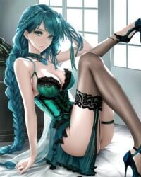 ai_generated blue_eyes blue_hair braided_hair high_heels leg_up lingerie looking_at_viewer modeling necklace original_character petite unstable_diffusion