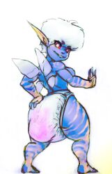 blue_body blue_skin breasts diaper fairy feces female hair humanoid humanoid_pointy_ears intentional_soiling messy_diaper not_furry red_eyes scat senfgas short short_hair shortstack simple_background smile soiling solo thick_thighs white_background white_hair wings