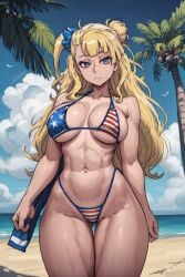 1girls abs ai_generated american_flag_bikini athletic_female beach big_breasts bikini blonde_hair blue_eyes curvaceous curvy_female curvy_figure feet_out_of_frame female_focus galko hair_bun hair_ornament light-skinned_female light_skin long_hair looking_at_viewer muscular_arms muscular_female oshiete!_galko-chan outdoors outside palm_tree sand standing swimsuit thick thick_thighs toned_arms toned_female voluptuous voluptuous_female water wide_hips