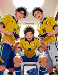 ai_generated ai ai_art ai-created football football_uniform football_player socks threesome 3boys blowjob blowjob_face handjob double_handjob double_blowjob videogame controller hairy hairy_male male_pubic_hair pubic_hair balls precum black_hair brown_hair white_body white_skin bulge sitting_on_chair yaoi gay gay_sex gay_male gay_blowjob gay_handjob football_socks