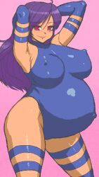 1girls armpits arms_behind_head asian asian_female belly big_belly big_breasts breasts busty confident elbow_gloves female gloves large_breasts latex latex_gloves leotard long_hair marvel naughty_face nipple_bulge oekaki pose posing pregnant psylocke purple_hair red_eyes skin_tight smile tenseiani thighhighs thighs x-men