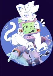 2girls 3d_(artwork) ambiguous_gender animal_ears anthro biped blue_eyes blush blush_lines cardboard_cutout carrying_another cat_ears catgirl cheek_tuft clyde_(discord) digital_media_(artwork) discord_(app) domestic_cat duo facial_tuft fc5 felid feline felis female fur head_grab head_tuft hi_res inner_ear_fluff legs_around_torso machine mammal pawpads piggyback pink_pupils plantigrade plug pupils pur_03 robot screen screen_face screen_head segmented_body simple_background surprised thick_thighs tuft tv_head whiskers white_body white_fur wide_hips