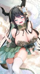 absurd_res aqua_hair black_hair blue_eyes cleavage dragon_girl dragon_horns dress fangs female_only gradient_hair highres huge_breasts katsushika_pachi open_mouth original pointy_ears smile solo tail thighhighs year_of_the_dragon