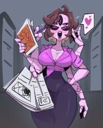 1girls big_breasts blush book brown_hair clothed clothing dkajart dkajda female female_focus female_only furry humanoid large_breasts muffet office_clothing office_lady open_mouth pencil purple_eyes purple_skin short_hair solo solo_female spider spider_eyes spider_girl sweat thick_thighs undertale undertale_(series)