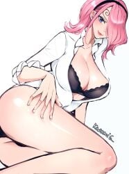 1girls big_breasts blue_eyes blush bra clothed clothing eye_covered female female_focus female_only inner_sideboob kasumi6 large_breasts lipstick looking_at_viewer nightgown one_piece panties pink_hair short_hair smile solo solo_female thick_thighs underwear vinsmoke_reiju