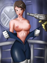 1girls bodysuit breasts brown_eyes brown_hair ddv03 female forced forced_undressing frown gun gunpoint human large_breasts lipstick maria_hill marvel marvel_comics nipples s.h.i.e.l.d. short_hair tagme threatening tight_clothing