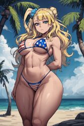 1girls abs ai_generated american_flag_bikini athletic_female beach big_breasts bikini blonde_hair blue_eyes bored_expression curvy_female feet_out_of_frame female galko hair_bun hair_ornament hand_behind_back light-skinned_female light_skin long_hair looking_at_viewer obliques oshiete!_galko-chan outside palm_trees sand standing swimsuit thick thick_thighs toned_female voluptuous voluptuous_female water wide_hips