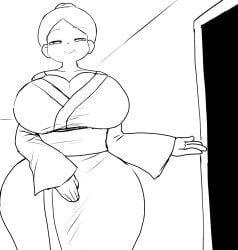 big_breasts curvy_female dark_room enigi09 first_person_view geisha hair_bun japanese_clothes kimono looking_at_viewer milf no_sex oc older_female original_character room seductive_smile sfw solo thick_legs thigh_highs tight_clothing