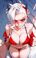 1boy ai_generated bed bikini blush embarrassed female from_above grabbing_breasts helltaker looking_at_viewer red_eyes white_hair zdrada_(helltaker)