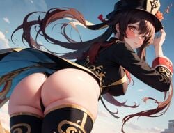 ai_generated ass ass_focus blush breasts brown_hair embarrassed female from_behind genshin_impact hat hat_ornament hu_tao_(genshin_impact) jacket large_breasts leaning leaning_forward long_hair looking_at_viewer looking_back parted_lips red_eyes shiny shiny_hair shiny_skin sideboob solo thighhighs thong twintails very_long_hair