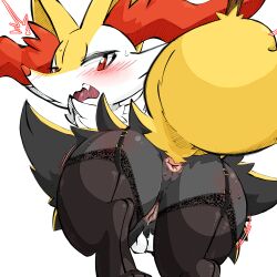 1:1 absurd_res aka_leopard anthro anus biped black_body black_fur blush braixen clothing female fur generation_6_pokemon genitals hi_res inner_ear_fluff lingerie nintendo pokemon pokemon_(species) pussy rear_view simple_background solo tuft white_background white_body white_fur yellow_body yellow_fur