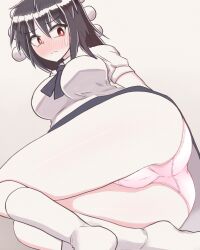 1girls ass ass_focus black_hair blush breasts clothed crotch_seam female_focus hat high_socks hiiro_sp panties pink_panties pom_pom_(clothes) red_eyes shameimaru_aya short_hair simple_background solo solo_focus sweatdrop thighs tie tokin_hat touhou underwear