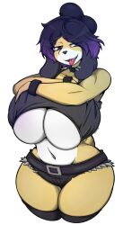 1girls 2024 2d 2d_(artwork) animal_crossing anthro armpits bedroom_eyes big_breasts big_thighs black_thighhighs black_topwear booty_shorts breasts canine choker cleavage collarbone dog_ears dog_girl dog_tail eyebrow_raise female female_focus female_only goth goth_girl gothabelle gothic gothified hi_res highres hips isabelle_(animal_crossing) large_breasts loose_top midriff navel nintendo purple_eyes purple_hair solo solo_female solo_focus tail thick_thighs thighhighs thighs tongue tongue_out white_background white_fur wide_hips yellow_fur zak_hitsuji