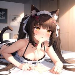 after_fellatio after_oral ahe_gao ai_generated breasts cat_ears catgirl chocola_(sayori) cleavage cum cum_in_mouth female lying nekopara on_stomach solo sundress twintails vomit vomiting_cum