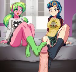 1boy 2girls anthro ass breasts clothed_female_nude_male cogbrony commission equestria_girls feet female foot_fetish footjob footjob_with_legwear friendship_is_magic hasbro headphones hi_res highres human_male indigo_zap lemon_zest male male_pov miniskirt mmf_threesome my_little_pony nail_polish penis plaid_skirt pov skirt thighs threesome twintails upskirt veiny_penis