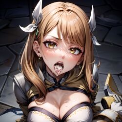 1girls after_fellatio after_oral ai_generated arbitrary brown_hair cleavage cum cum_dripping_from_mouth cum_in_mouth cum_on_breasts fire_emblem fire_emblem_engage goldmary_(fire_emblem) hi_res large_breasts nintendo open_mouth oral_creampie stable_diffusion tongue_out