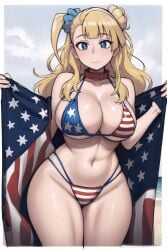 1girls ai_generated american_flag american_flag_bikini beach big_breasts bikini blonde_hair blue_eyes collar curvy curvy_female feet_out_of_frame female female_focus galko hair_bun hair_ornament light-skinned_female light_skin long_hair looking_at_viewer navel offering oshiete!_galko-chan outside showing_breasts standing thick thick_thighs voluptuous voluptuous_female water wide_hips