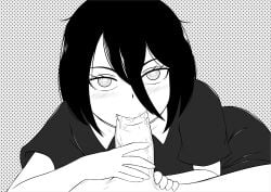 1girl 2020s black_hair blush chainsaw_man cum cum_in_mouth dotted_background fellatio female female_focus looking_at_viewer male monochrome morfinared nayuta_(chainsaw_man) oral penis pixiv pov sex short_hair straight white_background white_eyes