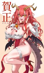 asanagi bare_shoulders breasts china_dress cleavage dragon_girl dragon_horns dress female_only high_heels huge_breasts long_hair open_mouth pointy_ears red_hair smile solo tail year_of_the_dragon yellow_eyes