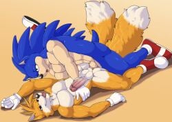 anal anal_sex anthro balls blep clothing duo footwear footwear_only from_front_position furryratchet genitals hi_res humanoid_genitalia humanoid_penis looking_pleasured lying male male/male missionary_position mostly_nude muscular on_back penetration penis sega sex shoes shoes_only sonic_the_hedgehog sonic_the_hedgehog_(series) tails tongue tongue_out