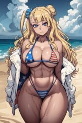 1girls abs ai_generated american_flag_bikini athletic_female beach big_breasts bikini blonde_hair blue_eyes clouds coat curvy_female curvy_figure feet_out_of_frame female female_only galko hair_bun hair_ornament light-skinned_female light_skin long_hair looking_at_viewer oshiete!_galko-chan outside standing swimsuit swimwear taking_clothes_off thick thick_thighs toned_female water wide_hips