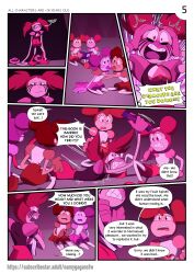 5girls absurd_res clitoris clothed clothing comic comic_page dialogue english_text female female_only fully_clothed gangbang group namygaga petite self_upload spinel_(steven_universe) steven_universe text twintails yuri