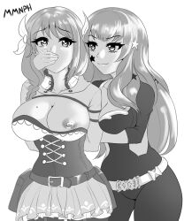 2girls arms_behind_back belt belt_pouch big_breasts bondage bound bound_arms breasts busty cleavage corset covering_another's_mouth covering_mouth female female_only femdom femsub fire_emblem fire_emblem_engage from_behind gag gagged goldmary_(fire_emblem) hand_gagged hand_over_another's_mouth hand_over_mouth handgag heart-shaped_pupils large_breasts leonart long_hair monochrome nipple nipple_slip one_breast_out restrained smile smiling smiling_at_partner tagme yunaka_(fire_emblem) yuri