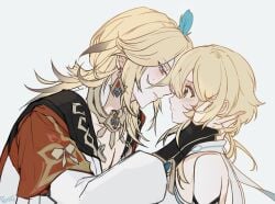 1boy 1girls blonde_female blonde_hair blonde_hair_male blush blush_lines face-to-face feather_in_hair female genshin_impact hand_on_face hi_res high_resolution highres imminent_kiss kaveh_(genshin_impact) lumine_(genshin_impact) male male/female romantic romantic_ambiance straight suggestive