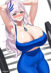 armpits hololive hololive_indonesia hololive_indonesia_holoro large_breasts neige_(pixiv6850453) pavolia_reine sports_bra sweating virtual_youtuber yoga_pants