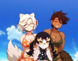 3girls animal_ears animal_tail beach bikini black_hair brown-skinned_female brown_hair brown_skin cleavage closed_eyes clouds day funabyvt glasses large_breasts latam_virtual_youtuber light-skinned_female light_skin multicolored_hair owozu peikovt scar_on_face short_hair smiling summer swimsuit torabera vanyavt virtual_youtuber vtuber vtuberfanart yellow_eyes