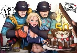 1girls 2024 abs birthday birthday_cake cammy_white cat crying female fully_clothed fully_clothed_female hershuar nipple_bulge shadaloo soldier street_fighter street_fighter_6