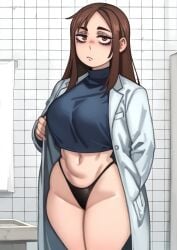 ai_generated bathroom black_panties black_thong brown_hair eye_bags eyeliner gardener_ai hand_in_pocket highleg_panties indoors jujutsu_kaisen kelvin_hiu_(style) labcoat long_hair looking_at_viewer makeup midriff navel no_pants panties pony_diffusion_xl shoko_ieiri stable_diffusion thick_thighs thong tired tired_eyes turtleneck wide_hips