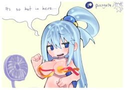 1girls aqua_(konosuba) belly_button big_breasts blue_eyes blue_hair blush hair_accessory kono_subarashii_sekai_ni_shukufuku_wo! long_hair open_mouth pasties pissgata self_upload shiny_skin speech_bubble sweat sweating wide_hips wind