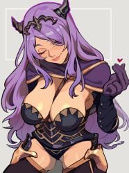 1girls absurdres armor bare_thighs black_armor black_panties breasts camilla_(fire_emblem) cleavage female female_only fire_emblem fire_emblem_fates gloves hair_over_one_eye head_tilt highres inner_thighs large_breasts lips long_hair looking_at_viewer nintendo one_eye_closed panties pink_eyes porqueloin purple_hair shiny_skin smile solo thighs tiara underwear very_long_hair wavy_hair