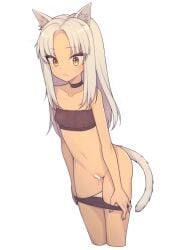 animal_ears bandeau bar_censor black_panties breasts cat_ears cat_girl cat_tail censored commentary_request covered_nipples cropped_legs everyntrge female long_hair navel original panties panty_pull pulled_by_self pussy simple_background slit_pupils small_breasts solo tail underwear white_background white_hair yellow_eyes