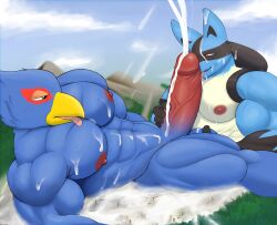 absurd_res anthro areola avian ball_fondling balls beak big_muscles bird blue_body blue_feathers blue_fur bodily_fluids canid canine city cum cum_on_belly cum_on_body cum_on_chest cum_on_face cum_on_ground destruction duo erection excessive_cum excessive_genital_fluids falco_lombardi feathers fellatio flooding fondling fur gay generation_4_pokemon genital_fluids genitals half-closed_eyes hi_res led_owo licking lucario lying macro macro_on_macro male male/male mammal muscular muscular_anthro muscular_male narrowed_eyes nintendo nipples non-mammal_nipples oral pecs penile penis penis_lick pokemon pokemon_(species) sex smoke star_fox togepi1125 tongue tongue_out