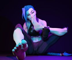 1girls 3d 3d_(artwork) arcane arcane_jinx barefoot blender blender_(software) blender_cycles blue_eyes blue_hair clothed colored_nails feet female_only foot_fetish foot_focus foot_lick foot_licking insanis_(artist) jinx_(league_of_legends) league_of_legends long_toenails looking_at_viewer self_foot_worship self_upload simple_background soles solo solo_focus toenails toes