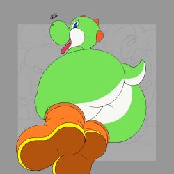 1other ambiguous_gender ass big_ass green_skin greey grey_background looking_at_viewer looking_back mario_(series) open_mouth reptile simple_background tail yoshi