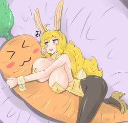 2girls bed big_breasts blonde_female blonde_hair bunny_ears bunnysuit carrot fake_rabbit_ears fjtiko hugging long_hair long_hair_female multiple_girls purple_eyes rwby yang_xiao_long zronku