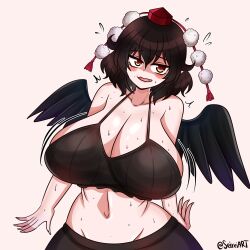 1girls artist_name big_breasts black_bra black_hair bra breasts cleavage hat huge_breasts light-skinned_female oerba_yun_fang open_mouth red_eyes seireiart shameimaru_aya skirt solo solo_female sweat sweaty_body tengu touhou watermark white_background wings