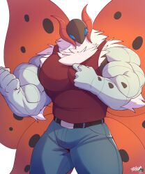 bicep_curl biceps big_biceps big_muscles big_pecs bug bug_boy bug_type bulge bulge_through_clothing fire_type fluffy generation_5_pokemon insect_boy insect_humanoid insect_wings insects jean_bulge jeans male male_only muscles pecs pectorals pokemon pokemon_(species) solo solo_focus solo_male tank_top volcarona yongdasom