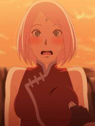 1boy 1girls accurate_art_style boruto:_naruto_next_generations breast_poke breasts embarrassed faceless_male female female_focus front_view grabbing green_eyes highres kame_(artist) kh-fullhouse mature mature_female milf naruto naruto_(series) open_mouth pink_hair poking poking_breasts sakura_haruno upper_body