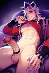 abs big_penis blonde_hair bottomless cock_ring demon_boy demon_slayer douma erection fangs genital_piercing hair_over_one_eye hat joraffasalmon kimetsu_no_yaiba long_hair long_hair_male looking_at_viewer male male_only male_pubic_hair muscular muscular_male nipple_piercing penis penis_piercing prince_albert_piercing pubic_hair reclining retracted_foreskin sharp_fingernails shirt_lift smile solo spiky_hair thick_eyebrows uncensored uncut veiny_penis