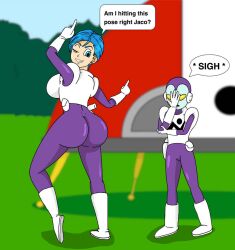 1boy 1boy1girl 1girls 2023 ;d alien alien_humanoid alien_look_like_human arms_crossed ass ass_bigger_than_head ass_cleavage ass_focus backboob big_ass big_breasts big_butt big_thighs blue_eyes blue_hair bulma_briefs curvaceous curvaceous_body curvaceous_female curvaceous_figure curvaceous_hips curvaceous_thighs curvy curvy_body curvy_female curvy_figure curvy_hips curvy_thighs digital_drawing_(artwork) digital_media_(artwork) dragon_ball dragon_ball_super english english_dialogue english_text facepalm female fingers_up fit_male galactic_patrol_uniform huge_ass huge_breasts huge_butt huge_thighs index_finger_raised index_fingers_together jaco jaco_the_galactic_patrolman looking_at_another looking_back looking_back_at_another looking_pleasured male milf pose posing purple_bodysuit purple_suit shiny shiny_ass shiny_body shiny_breasts shiny_butt shiny_clothes shiny_hair shiny_skin sigh sighing skinny skyfall1999 smiling smiling_at_another spandex spandex_bodysuit speech_bubble tagme thick thick_ass thick_body thick_breasts thick_butt thick_hips thick_legs thick_lips thick_thighs thighs voluptuous voluptuous_female white_boots white_gloves wink winking yellow_eyes